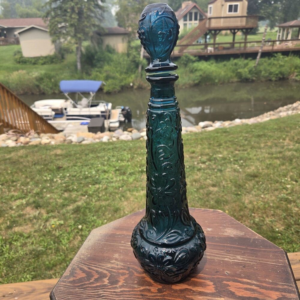 VTG Teal Blue Glass Decanter Embossed Daisy Bottle Fruit Stopper 15”